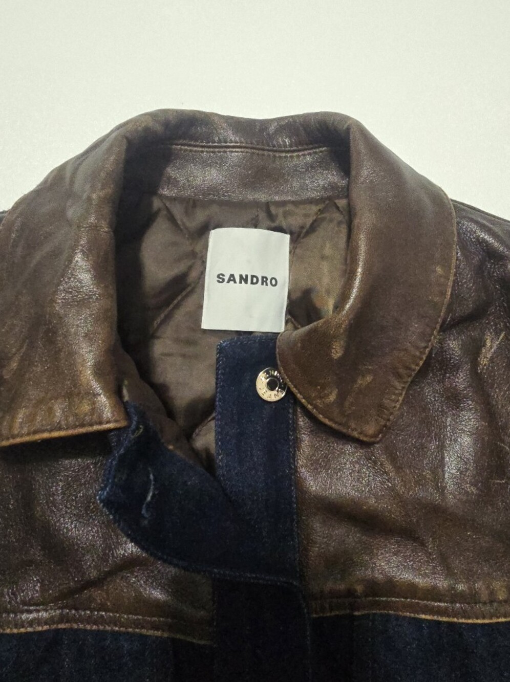 Sandro Raphael Denim Jacket With Leather Detail Long Sleeve Front Button Size L - Picture 7 of 16